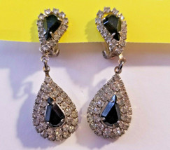 Vintage silver Teardrop black stone and clear Crystal clip on dangling Earrings - £11.79 GBP
