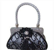 Black Lace Purse Money Bank Handbag 6.3&quot; High Poly Stone Top Slot Bottom... - $19.79