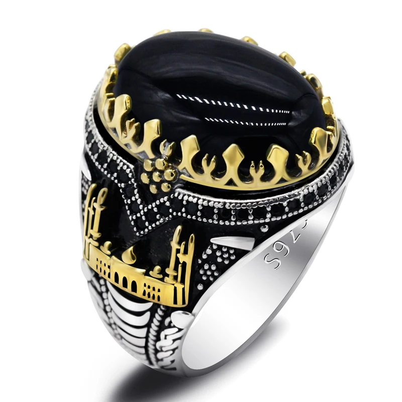 Black Natural Agate Stone Ring 925 Silver Men&#39;s Ring Castle Turkish Cons... - £52.58 GBP