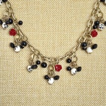 Roses White Floral Print Black Beads Charm Links Necklace Lt Gold Tone Metal 34&quot; - £19.62 GBP