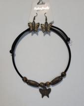 Black and Antique Brass Butterfly Memory Wire Necklace And Earrings   FM1 - £7.70 GBP