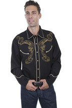 Men&#39;s Western Shirt Black Long Sleeve Rockabilly Country Cowboy Long Horn Skull - £68.24 GBP