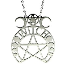 Witch Pendant Necklace Triple Moon Pentacle Wicca 20&quot; Chain Steel Jewellery - £7.05 GBP