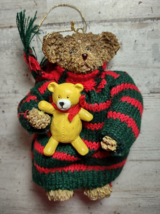 Vintage Resin Bear in Knit Sweater with Small Teddy Christmas Ornament Red Green - £5.36 GBP