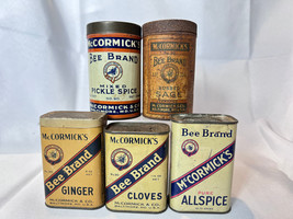 Vtg McCormick&#39;s Bee Brand Tin Lot Pickle Spice Ginger Cloves Allspice Sage - £55.34 GBP