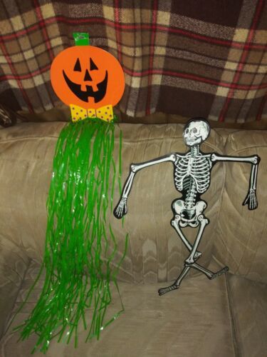 2 Vintage VTG Halloween Decorations Cardboard Skeleton Jointed Pumpkin Hallmark - $25.73