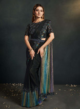 Beautiful Black Multi Sequence And Appliqu Embroidery Wedding Saree - £91.81 GBP
