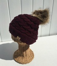 Winter Knit Beanie Hat Skull Cap Solid Wine With Faux Fur Pom Recycle So... - £13.54 GBP