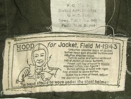 US Army M-1943 field jacket hood w maker's tag intact; B&amp;N Hat co. 1945 NOS - $30.00