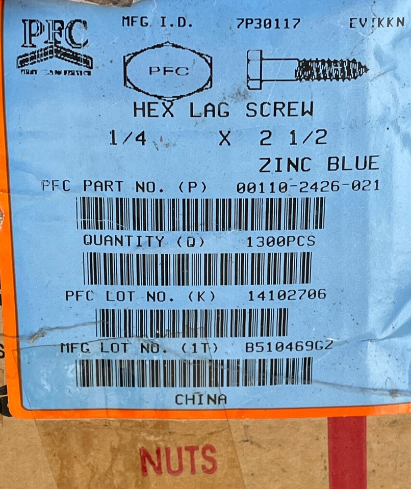 Lot of 400 PFC Brand Zinc blue Hex Lag Screws 1/4&quot; x 2-1/2&quot; long - $56.91