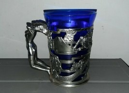 Vintage Art Deco Woman Nude Lady Handle Cobalt Blue Glass Chrome Cup Dragon Mug - £42.66 GBP