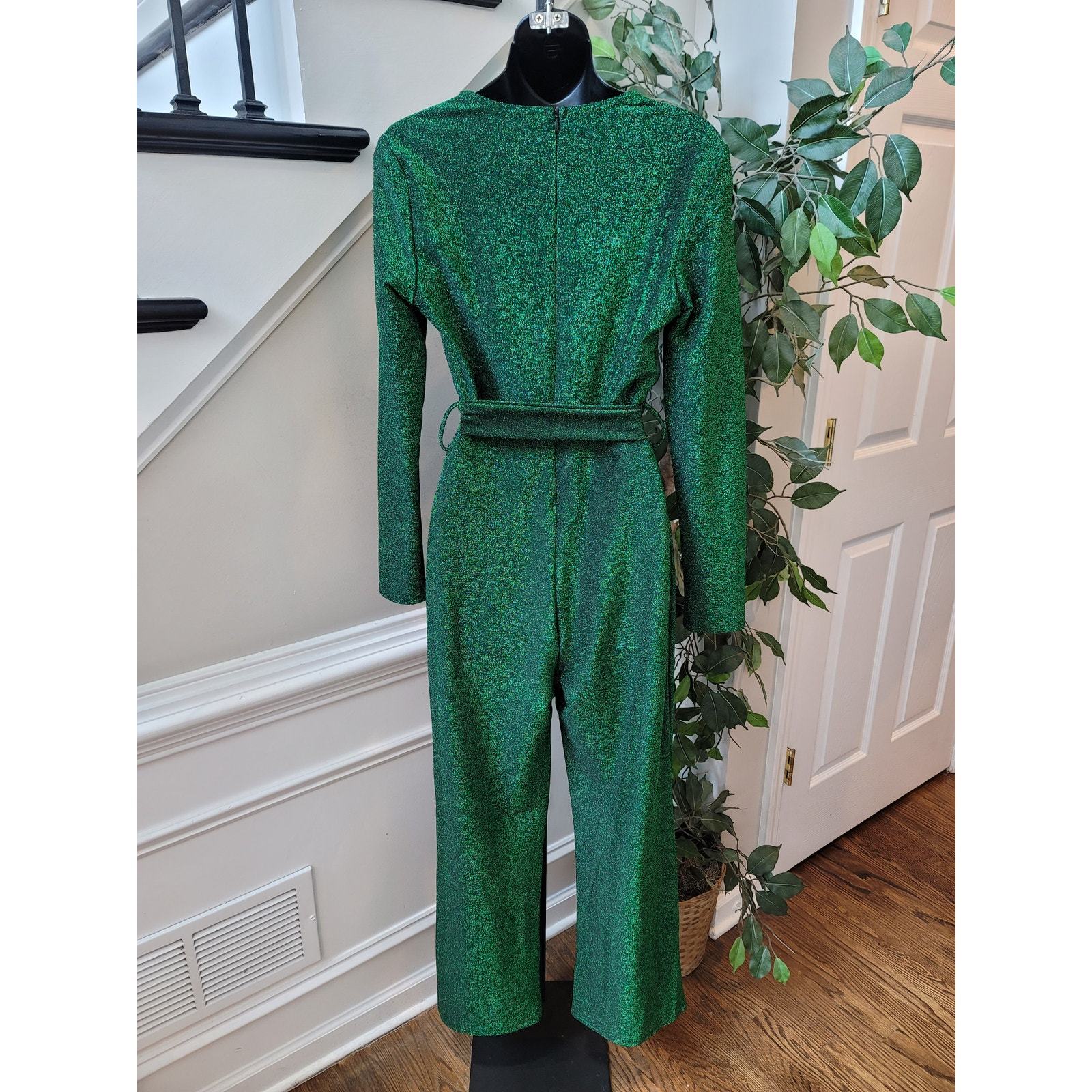 Women's Jumpsuit Small Green Metallic Glitter Long Sleeves V Neck Belted Item image 7