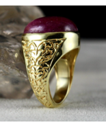 Big Red Natural Ruby GemStone Cabochon Engraved 925 Silver Gold Plated Ring - £310.63 GBP