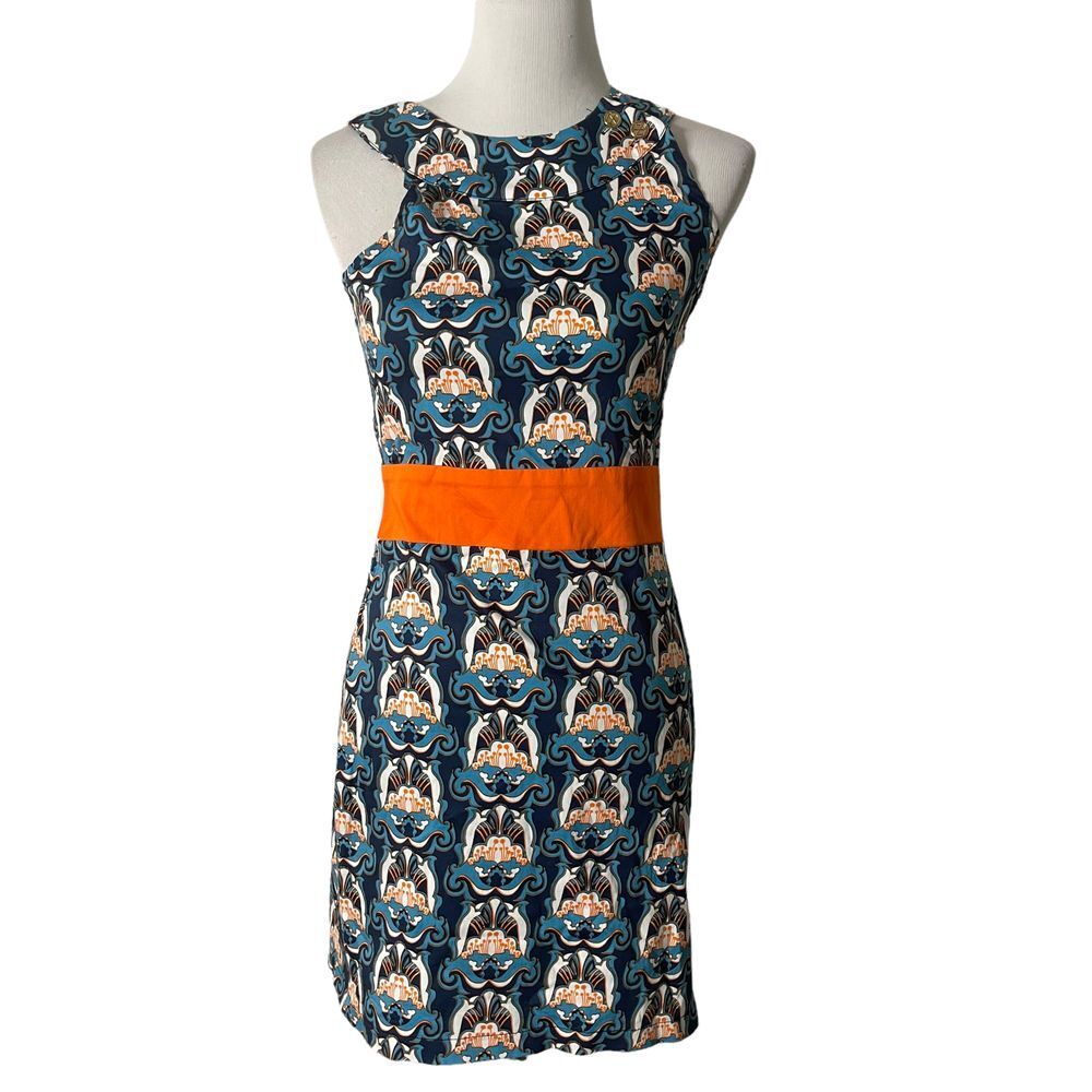 Tracy Negoshian Sheath Dress Blue Orange Floral Pattern Sleeveless Women... - $24.75