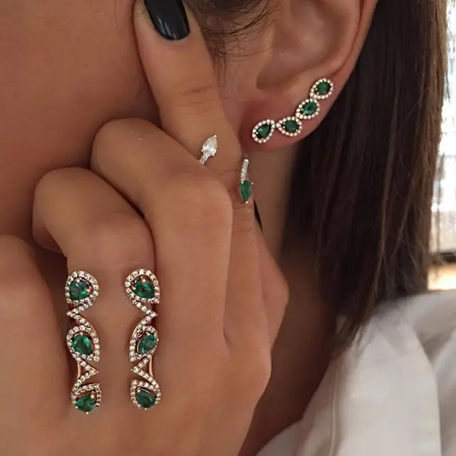 Fashion green cz stone jewelry teardrop cubic zirconia long climber earrings for - £19.14 GBP