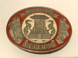 Vtg Korean War Veteran Red White Enamel Metal Belt Buckle USA Army Navy - £10.06 GBP