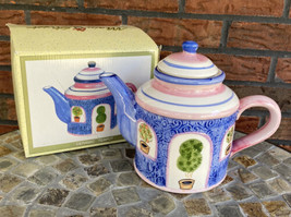 Pink Blue Ceramic Teapot Tea Pot World Bazaars Garden Plants Kettle Server NIB - $16.15