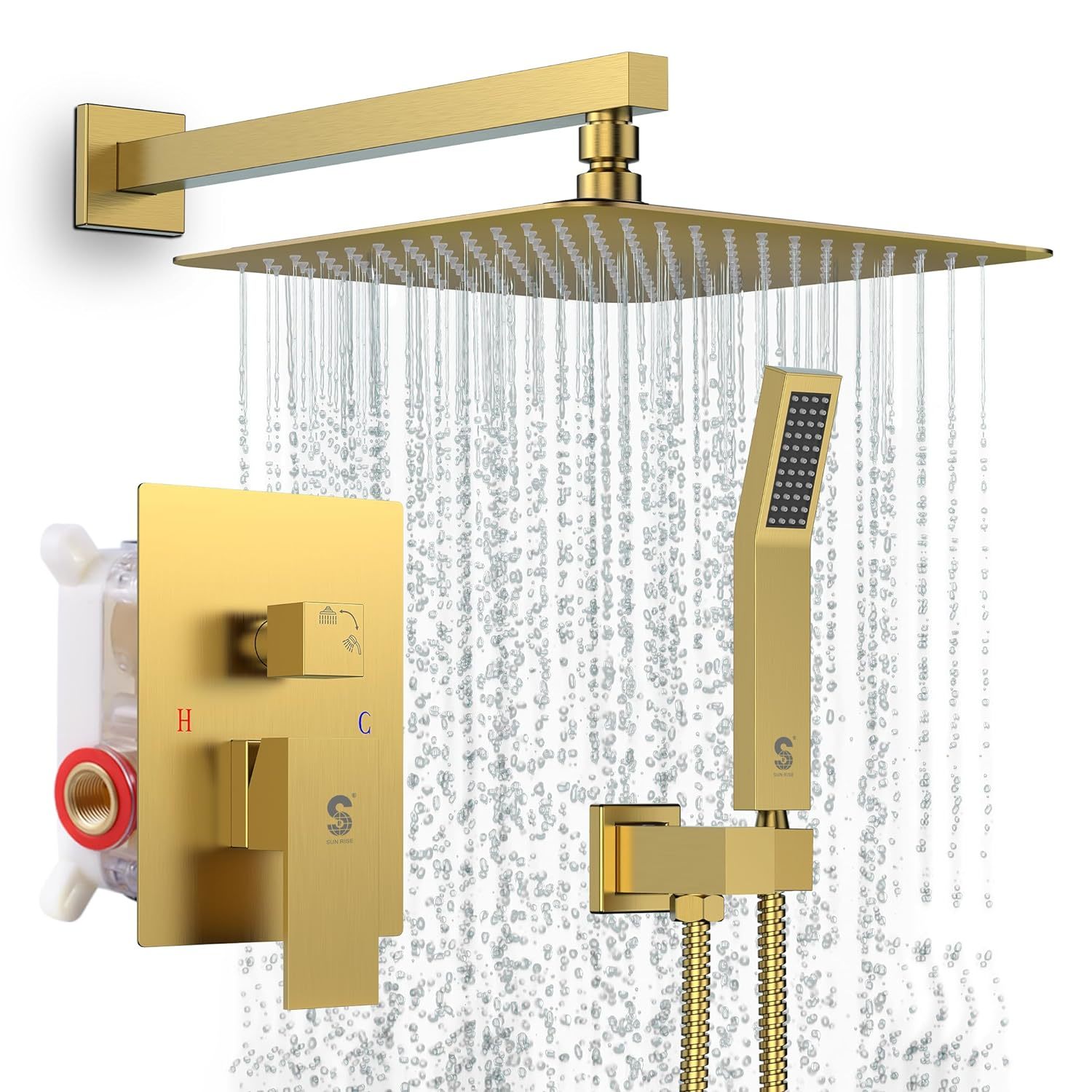 Primary image for Shower Faucets Sets Complete Brushed Gold Square Rain Shower Head With Handheld 