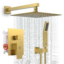 Shower Faucets Sets Complete Brushed Gold Square Rain Shower Head With Handheld  - £291.73 GBP