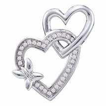 10kt White Gold Womens Round Diamond Double Linked Heart Butterfly Pendant 1/10  - £216.82 GBP