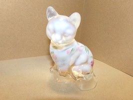 Vintage Fenton Pink Iridescent Sitting Cat w/ Hand painted Flowers - $44.98