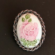 Vintage Small Painted Oval Porcelain Pink Rose in Silvertone Twist Frame Pin Bro - $11.29