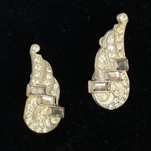 c1910 Art Nouveau Earrings Rhinestone Studded Silver Tone Antique Clip-On - £39.83 GBP