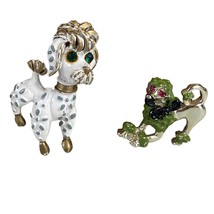 Vintage French Poodle Brooches – Green Gold Rhinestone &amp; White Costume Jewelry - $23.75