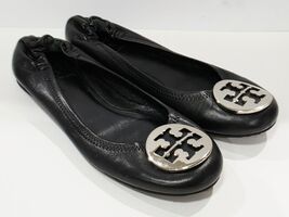 Tory Burch REVA Black Leather Flat Ballet Silver Logo Medallion Classic ... - $68.00