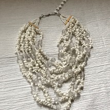 Vintage Wide Multistrand White Popcorn &amp; Clear Glass Bead Necklace – 14 inches  - £11.18 GBP