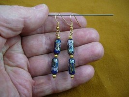 (EE605-331) Navy Blue pink flower Two bead CLOISONNE gold dangle oblong EARRINGS - £18.64 GBP