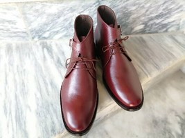 Handmade Men Burgundy Color Leather Strap Boot, Ankle Dress Lace Up Chukka Boot - $159.00