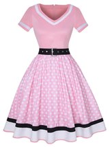 Polka Dot Print Short Sleeve Vintage 50s 60s Party Dress With Belt - £41.72 GBP