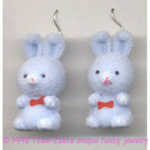 Huge Funky Fuzzy Bunny EARRINGS-Retro Mini Easter Rabbit Toy Charm Jewelry-BLUE - £6.92 GBP