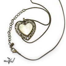 Vintage Gold Iridescent Shell Ornate Heart Pendant Necklace - 20&quot; Chain ... - £14.30 GBP