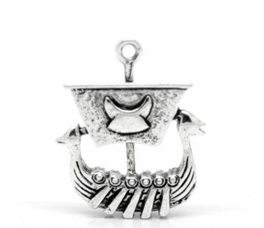 Viking Ship Charm Antiqued Silver Boat Pendant Norse Seafarer Findings 27mm - $1.91