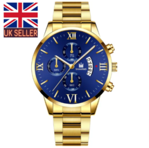 Mens Business Fashion Watch with Stainless Steel Strap Gold Quartz Date UK - £7.43 GBP