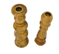 Carved Wooden Candlesticks Hand Thrown Metal Insert for Candle Lot of Two Sizes - £15.89 GBP