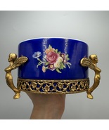 Vintage Cobalt Blue Porcelain Candy Sugar Bowl Bronze Handles Floral Decor - $280.00