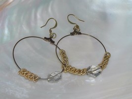 Estate Large Brass Wire Hoops w Goldtone Rings &amp; Clear Plastic Bead Dangle Ear - £7.55 GBP