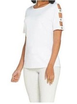 Dennis Basso Luxe Crepe Lattice Sleeve Top w/Button Trim White M New A30... - £12.73 GBP