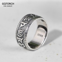 S925 Sterling Silver Ring Vintage Wide Ring for Men Tibetan Six Words Mantra Adj - £39.85 GBP