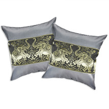 Steel Gray Playful Elephant Pair Silk Throw Pillow Cushion Cover Set - £17.99 GBP