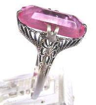 Art Deco 14K Ring White Solid Gold Pink Stone Filigree Ring Signed 1900&#39;s Size 6 - £80.42 GBP
