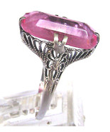 Art Deco 14K Ring White Solid Gold Pink Stone Filigree Ring Signed 1900's Size 6 - $100.00