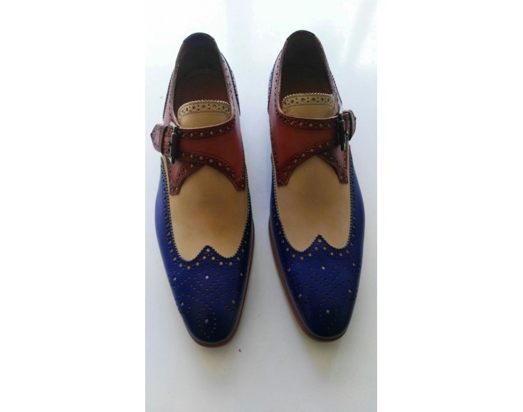 NEW Handmade Men's New 3 Tone Wing Tip Strap Leather Suede Blue Beige Burgundy S