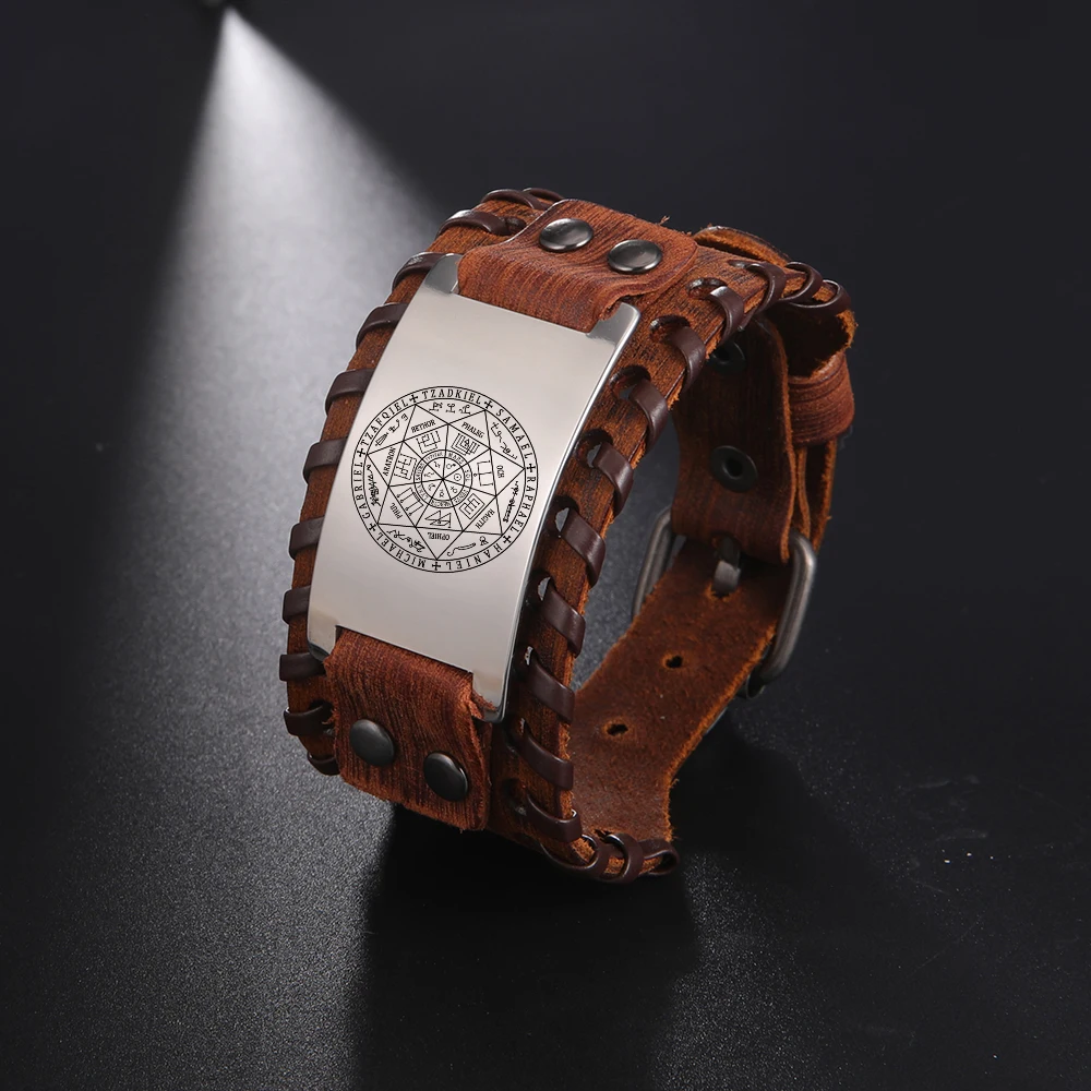 Viking Talisman Leather Wrap Bracelets for Men Gabriel Michael Seal of Solomon S - £18.41 GBP