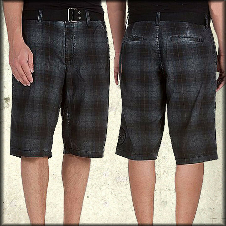 Primary image for Affliction Coachman Plaid Mens Belted Shorts Charcoal Grey Black SZ 30 31 NEW