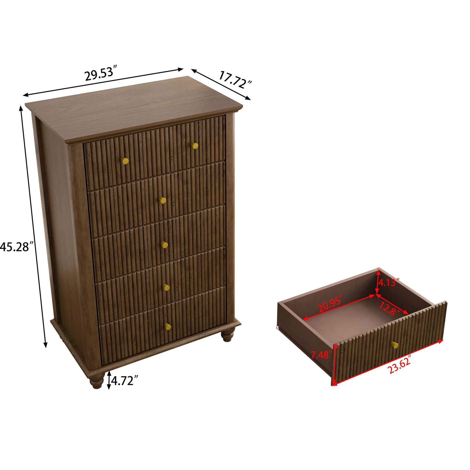 Modern Walnut Fluted 5-Drawer Dresser - 45" Tall Bedroom Chest Item image 8