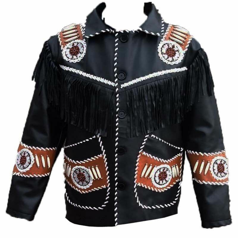 Men Black Cowhide Leather Fringed Bone Beads Patches Front Button Closure Jacket